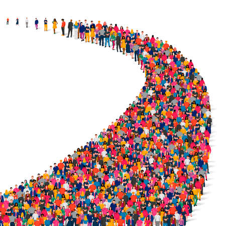 A large group of people are standing in a long line. Crowd. Sale, road, promotion concept. Vector...