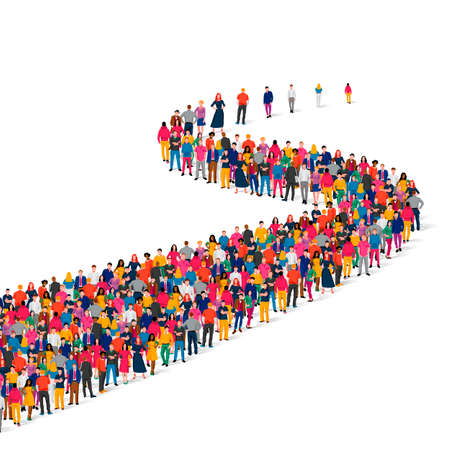 A large group of people are standing in a long line. Crowd. Sale, road, promotion concept. Vector illustration isolated on white background.のイラスト素材