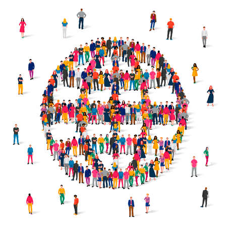 A large group of people in multicolored clothes stands in the form of a planet or a globe with meredians. Environmental protection concept, travel. Crowd. Vector illustration isolated on white background.のイラスト素材