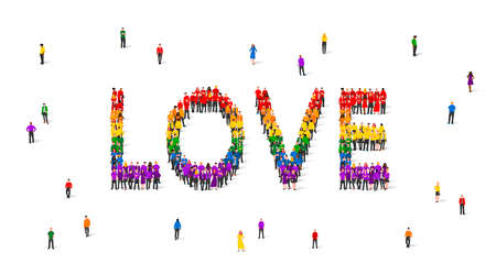A crowd of people is standing in rainbow colored clothes, making up the word Love. LGBT flag made of people. Vector illustration isolated on white background.のイラスト素材