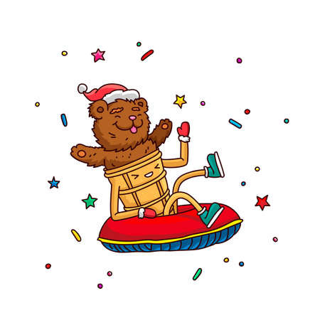 Chocolate ice cream in the shape of a bear in a waffle cup, rolling on an inflatable ring. The concept of a New Year's cool amazing character. Vector illustration isolated on white background.のイラスト素材