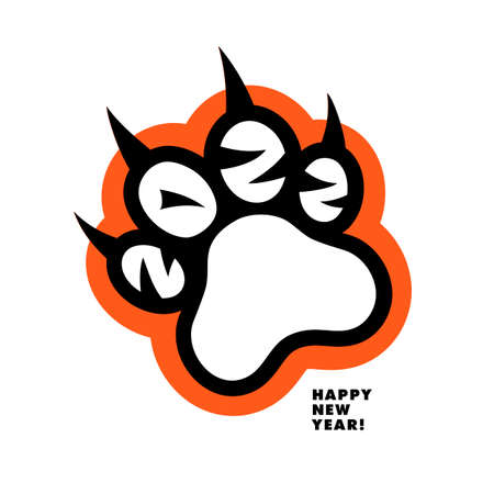 Tiger footprint. Happy New Year 2022! Greeting card for Merry Christmas and Happy New Year. Year of the tiger. The numbers 2022 form the pads on the tiger's paw. Vector illustration isolated on white background.のイラスト素材