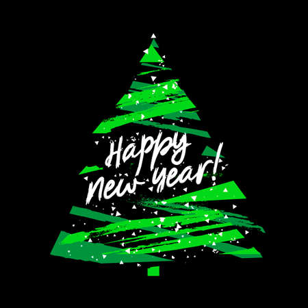Lettering Happy New Year! Green Christmas tree, snowfall, fireworks and confetti. Greeting card, banner or poster for Merry Christmas. Vector illustration on a black background. Year of the Tiger.のイラスト素材