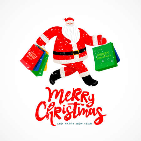 Santa Claus runs with colorful gift bags from shops. Handwritten lettering Merry Christmas and Happy New Year. Character for New Year card, banner or poster. Vector illustration on isolated background.のイラスト素材