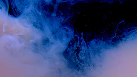Waves and drops of blue-white-purple colors. Amazing space magic background. Blue-white-purple ink...