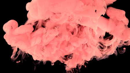 Amazing space magic background. Pink watercolor ink in water on a black background. Pink cloud of...
