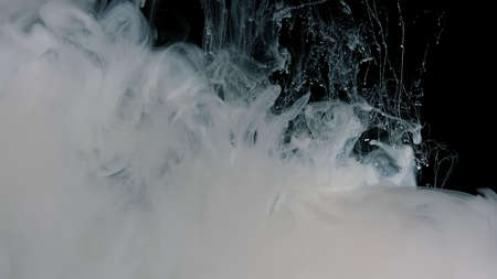 Black and white fantastic art. White watercolor ink in water on a black background. Abstract...