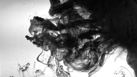 Black watercolor paints in water on a white background. Environmental pollution concept. Black cloud of ink on a white background. Beautiful abstract background. Chic wallpaper for your desktop.の写真素材