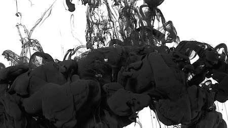 Black cloud of ink on a white background. Creative hyptonic background. Black watercolor paints in water on a white background. Environmental pollution concept. Desktop wallpaper.の写真素材