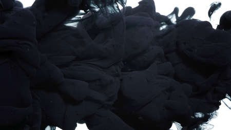 Black cloud of ink on a white background. Black watercolor ink in water on a white background. Colored acrylic paints are mixed in water. Awesome abstract background.の写真素材