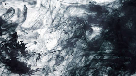 Colored acrylic paints are mixed in water. Awesome abstract background. Black cloud of ink on a white background. Black watercolor ink in water on a white background.の写真素材
