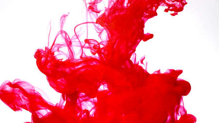 Red watercolor ink in water on a white background. Beautiful abstract background. Blood red acrylic paints mix in water. Colored cloud of ink on a white background.の写真素材