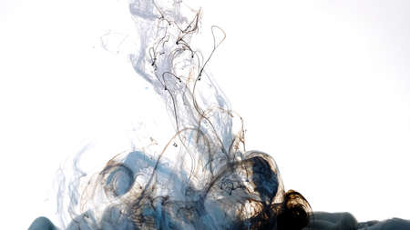 Blue, white and black watercolor ink in water on a white background. Beautiful abstract background. Blue, white and black paints are mixed in water. Colored cloud of ink on a white background.の写真素材