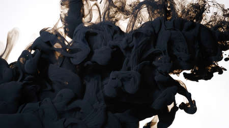 Awesome abstract background. Black cloud of ink on a white background. Black watercolor ink in water on a white background. Colored acrylic paints are mixed in water.の写真素材