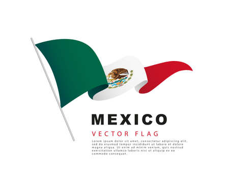 The flag of Mexico hangs from a flagpole and flutters in the wind. Vector illustration isolated on white background.のイラスト素材