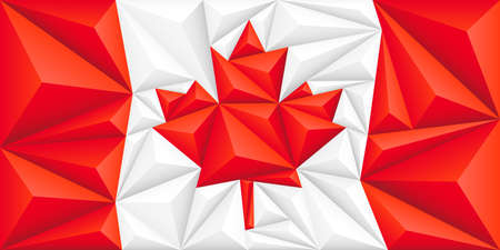 Abstract polygonal background with colorful red and white stripes and the maple leaf of the Canadian flag. Polygonal flag of Canada. Vector illustration.のイラスト素材