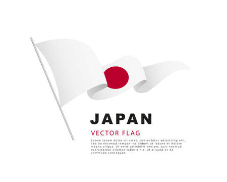The flag of Japan hangs from a flagpole and flutters in the wind. Vector illustration isolated on white background. Japanese flag colorful logo.のイラスト素材