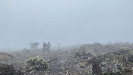 A group of porters with large backpacks and trunks on their heads. Foggy mountain landscape....