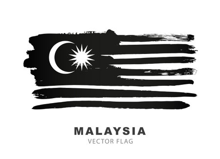 Black and white flag of Malaysia. Black brush strokes, hand-drawn. Vector illustration isolated on white background. Tragic Malaysian flag logo.のイラスト素材