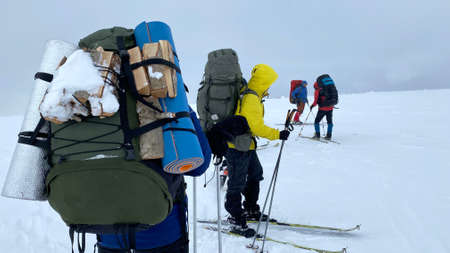 Group of tourists skiers with big backpacks. Ski trip across the expansions of Russia. Harsh...