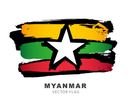 Flag of Myanmar. Colored brush strokes drawn by hand. Vector illustration isolated on white background.のイラスト素材