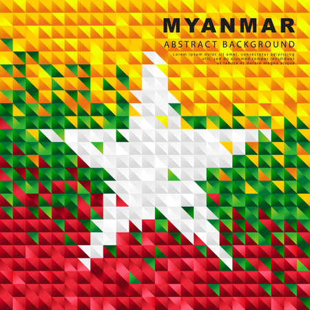 Flag of Myanmar. Abstract background of small triangles in the form of colorful yellow, green and red stripes. vector illustration.のイラスト素材