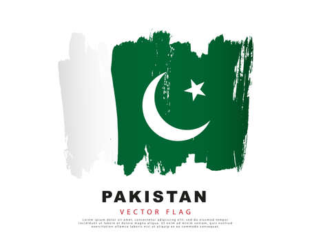 Flag of Pakistan. White and green brush strokes, hand drawn. Vector illustration isolated on white background. Colorful Pakistani flag logo.のイラスト素材