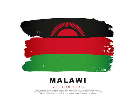 Flag of Malawi. Black, red and green brush strokes, hand drawn. Vector illustration isolated on white background. Colorful Malawian flag logo.のイラスト素材