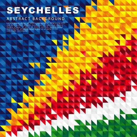 Seychelles flag. Abstract background of small triangles in the form of colorful blue, yellow, red, white and green stripes. vector illustration.のイラスト素材