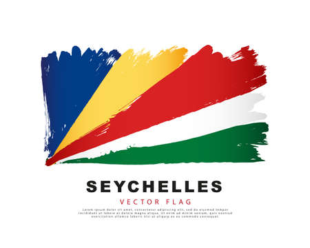 Seychelles flag. Blue, yellow, red, white and green brush strokes, hand drawn. Vector illustration isolated on white background. Colorful Seychelles flag logo.のイラスト素材