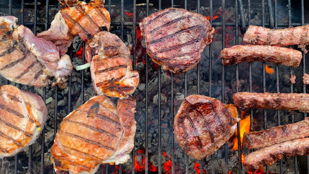 Grilled pork, beef and chicken steaks and sausages grilled on a charcoal grill. view from above. Summer holidays and vacations. Picnic in the country. Cooking barbecue and steaks.の写真素材