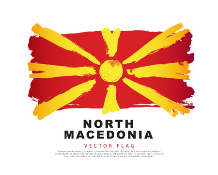 Flag of North Macedonia. Red and yellow brush strokes, hand drawn. Vector illustration isolated on white background.のイラスト素材