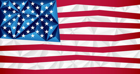 Abstract polygonal background in the form of colorful blue, red and white stripes of the American flag. Polygonal flag of the United States. vector illustration.のイラスト素材