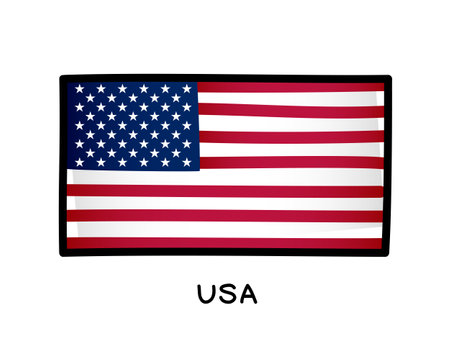 The flag of the USA. Colorful logo of the American flag. Blue, red and white brush strokes drawn by hand. black outline. Vector illustration on a white background.のイラスト素材