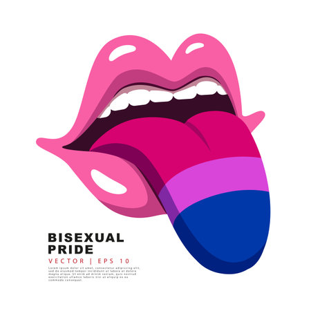 Pink lips with a protruding tongue painted in the colors of the bisexual pride flag. A colorful logo of one of the LGBT flags. sexual identification. Vector illustration on a white background.のイラスト素材
