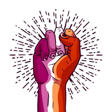 A woman's hand clenched into a fist. The flag of lesbian pride. A colorful logo of one of the LGBT flags. sexual identification. Vector illustration on a white background.のイラスト素材