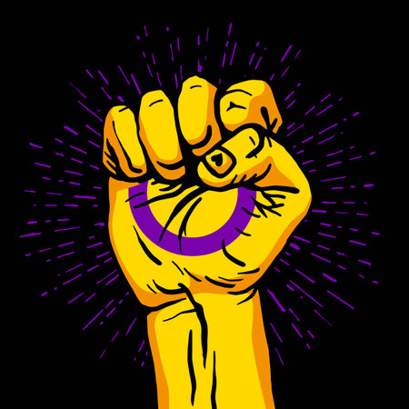A human hand clenched into a fist. The flag of intersex pride. circle in hand. A colorful logo of one of the LGBT flags. sexual identification. Vector illustration on a black background.のイラスト素材