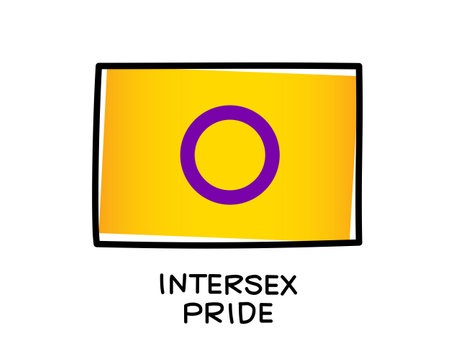 The flag of intersex pride. A colorful logo of one of the LGBT flags. Yellow and purple brush strokes drawn by hand. black outline. sexual identification.のイラスト素材