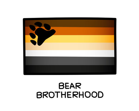 The flag of the bear brotherhood. A colorful logo of one of the LGBT flags. Brown, orange, yellow, white, gray and black brush strokes drawn by hand. black outline. sexual identification.のイラスト素材