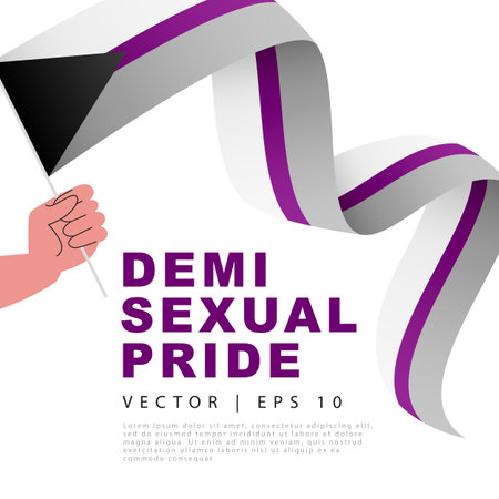 The flag of demisexual pride in the hand of a man. Limited sexual attraction. sexual identification. A colorful logo of one of the LGBT flags.のイラスト素材