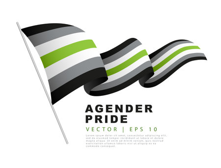 The flag of agender pride hangs on a flagpole and flutters in the wind. A colorful logo of one of the LGBT flags. sexual identification. Lack of gender identity. Vector illustration on a white background.のイラスト素材