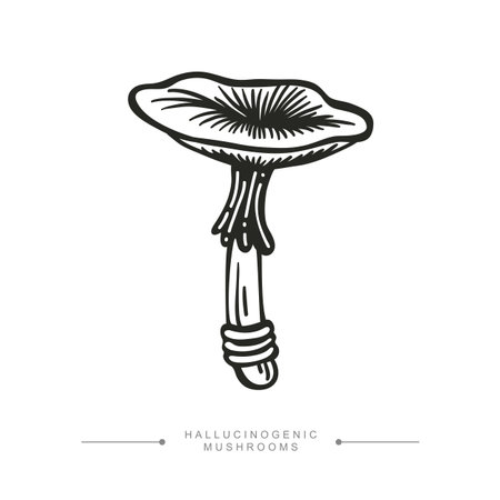 Black and white drawing of a hallucinogenic mushroom. A stylized image of a psilocybin mushroom. Vector illustration isolated on white background.のイラスト素材
