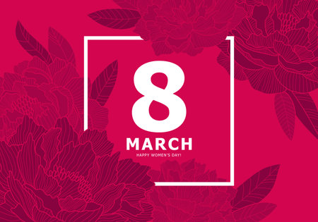 Colorful postcard for March 8 - International Women's Day. Amazing blooming red peonies on a red background. Lush buds of peonies. vector outline illustration.のイラスト素材