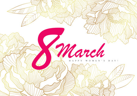 Blooming white golden peonies on a white background. An amazing postcard for March 8 - International Women's Day. Lush buds of peonies. vector outline illustration.のイラスト素材