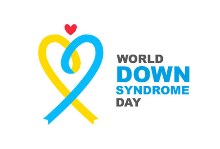 Stylish postcard with a yellow-blue heart-shaped ribbon. World Down Syndrome Day. Vector illustration isolated on white background.のイラスト素材