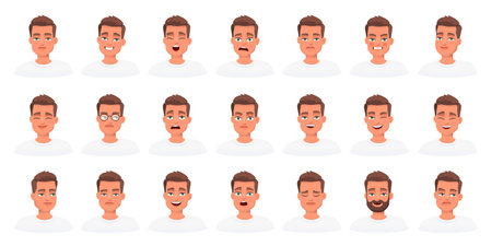 Set of different white guy emotions. face expression. Smile, happiness, anger, disappointment, fatigue, surprise, fear. Vector illustration in cartoon style.のイラスト素材