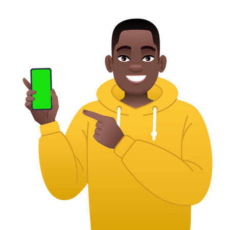 Young black man points to the screen of a smartphone in his hand. Advertising of a mobile application or services, promotion of an application or website. Vector illustration isolated on white background.のイラスト素材