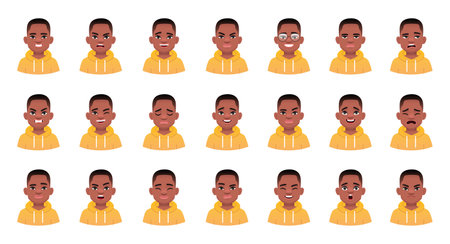 Set of different emotions of a cute black child. Facial expression of handsome african boy in yellow hoodie. Smile, happiness, anger, joy, surprise, fear, etc. Vector illustration in cartoon style.のイラスト素材