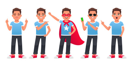 The guy stands in a super hero costume, points to something, with a smartphone in his hand, surprised. Cute white baby stands in different poses. Little beautiful boy in full growth.のイラスト素材