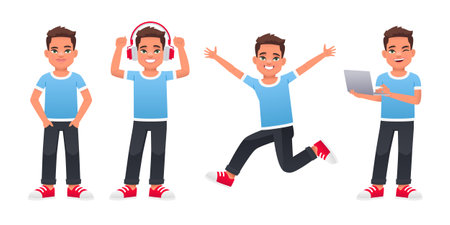 The guy is standing with a laptop in his hands, listening to music on headphones, in a jump. Cute white baby stands in different poses. Little beautiful boy in full growth.のイラスト素材